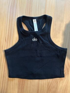 ALO Yoga Black Ribbed High-Neck Crop Tank with White Logo